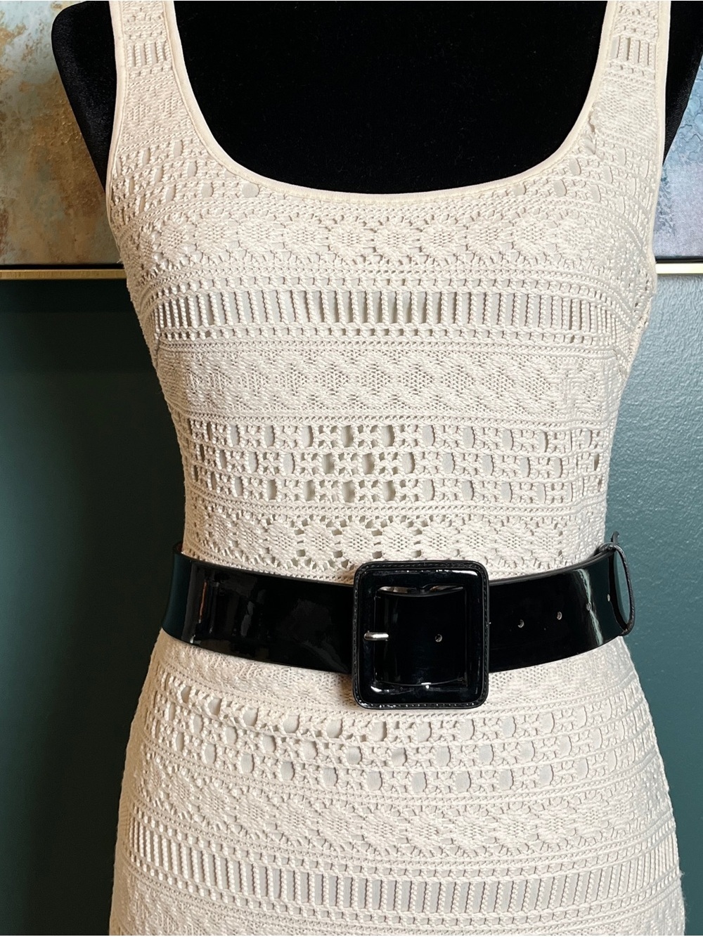 Vintage Patent Leather Wide Belt with Square Buckle
